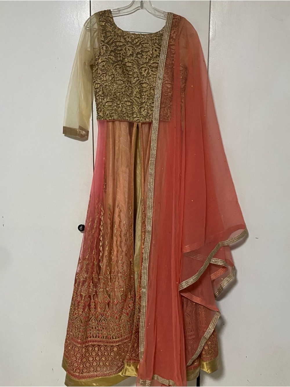 Embroidered Gold & Coral Anarkali with lengha and Dupatta